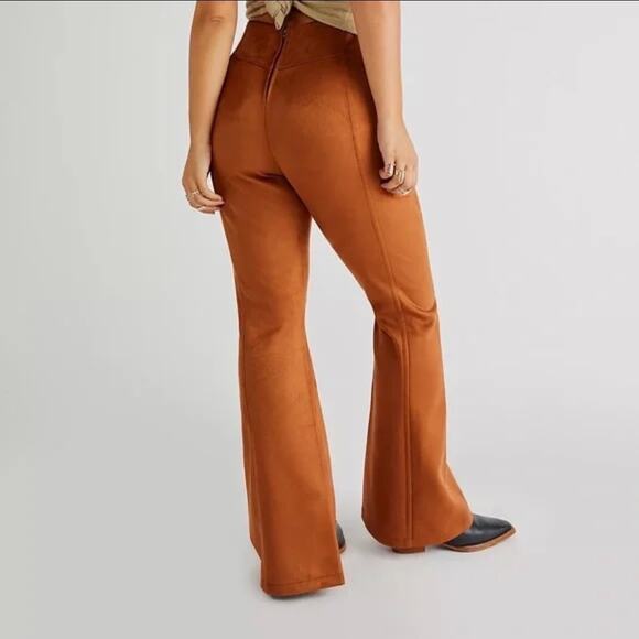 Free People CRVY Real Deal Slit Vegan Suede Flare Camel Brown Stretchy Pants 20 - Picture 2 of 10